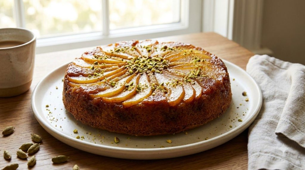 An elegant pear cardamom upside-down cake featuring artfully arranged golden-brown pear slices and a delicate spice arom