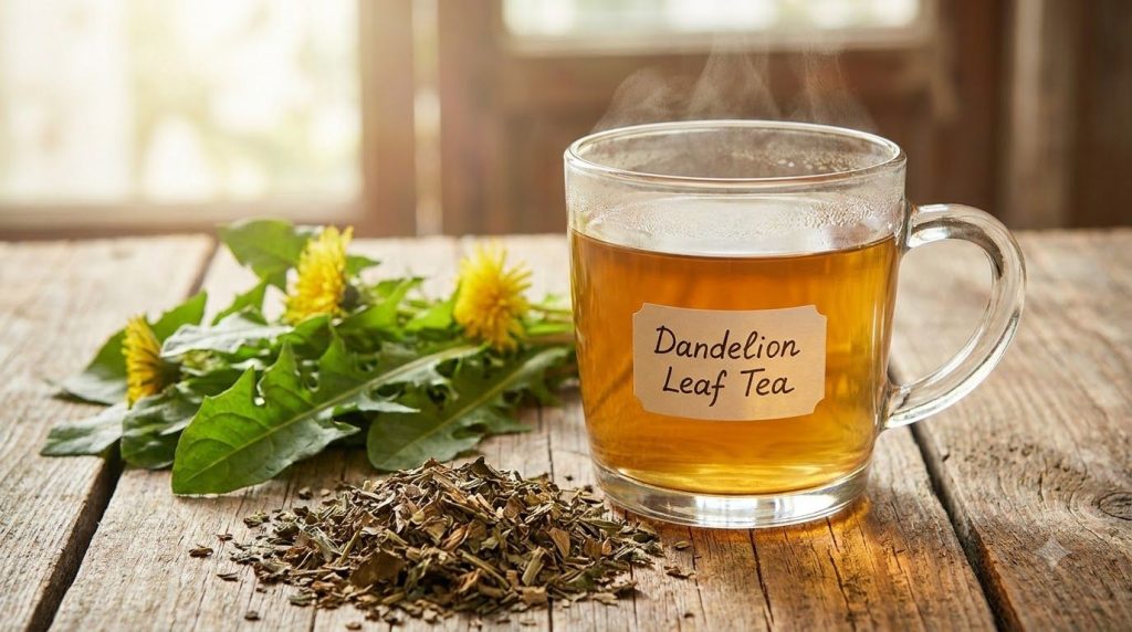 A clear glass mug filled with golden dandelion leaf tea with fresh and dried dandelion leaves scattered beside it on a r