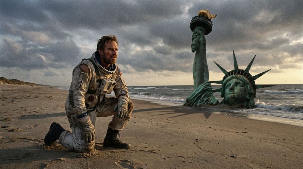 Charlton Heston in his iconic role from Planet of the Apes on a beach with the Statue of Liberty