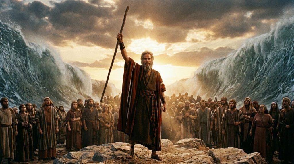 Charlton Heston as Moses parting the Red Sea in The Ten Commandments