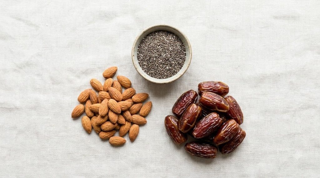 Various ingredients for the hair growth snack laid out raw almonds chia seeds in a small bowl and pitted dates The setup