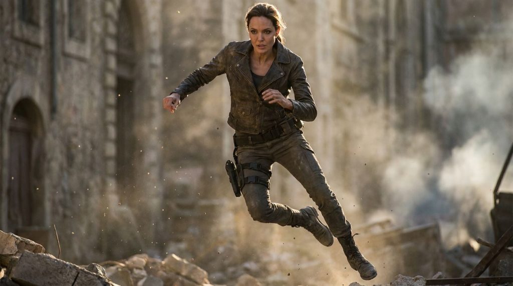 Angelina Jolie in an action pose perhaps from a film like Lara Croft or Salt looking fierce and determined