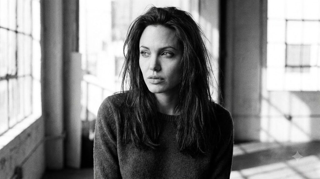 A black and white portrait of a young Angelina Jolie perhaps in her late teens or early twenties looking intense and tho