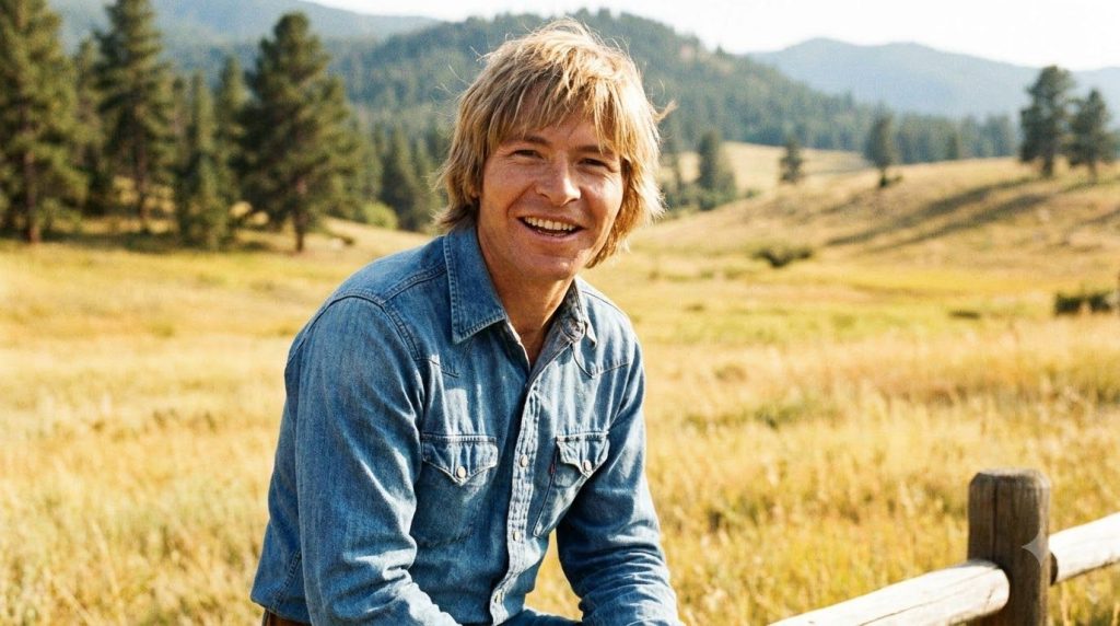 A 1970s publicity photo of John Denver smiling genuinely possibly holding a guitar or in a natural setting reflecting hi