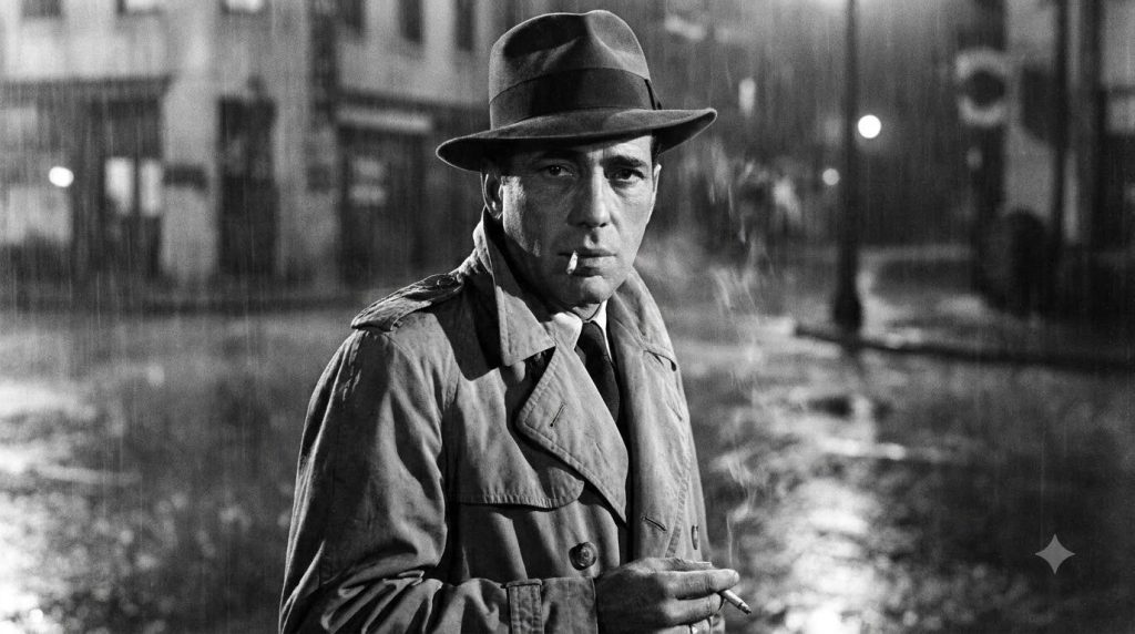 A black and white portrait of a famous classic Hollywood actor known for his stern expression and iconic gaze dressed in