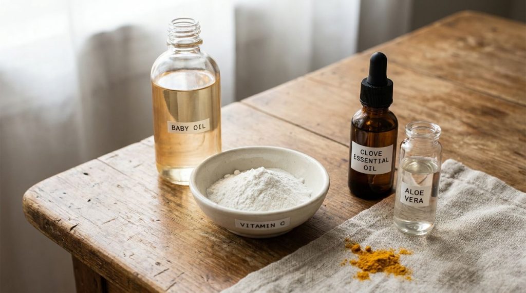 Various ingredients for baby oil blends laid out neatly on a wooden table a bottle of baby oil a small bowl of Vitamin C