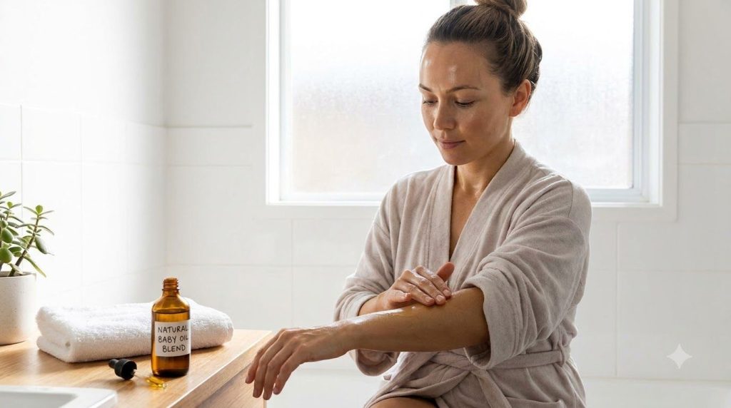 A woman gently massaging a small amount of baby oil blend onto her arm showcasing smooth hydrated skin The bottle of oil
