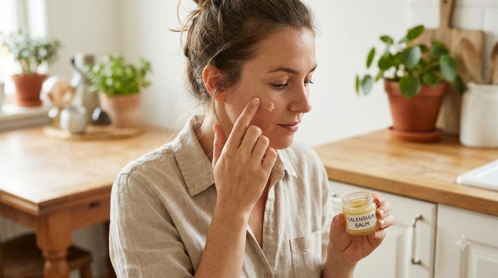 A woman gently applying a small amount of a homemade Vaseline mix to her cheek illustrating a patch test with a focus on