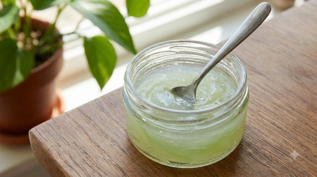A close-up of a small glass jar containing a mixture of Vaseline and aloe vera gel being stirred gently with a small spo