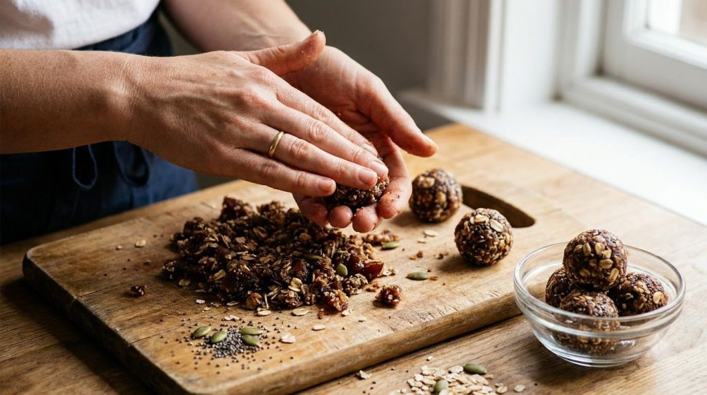 A close-up shot of hands rolling the hair growth bite mixture into small spherical balls on a cutting board with some fi