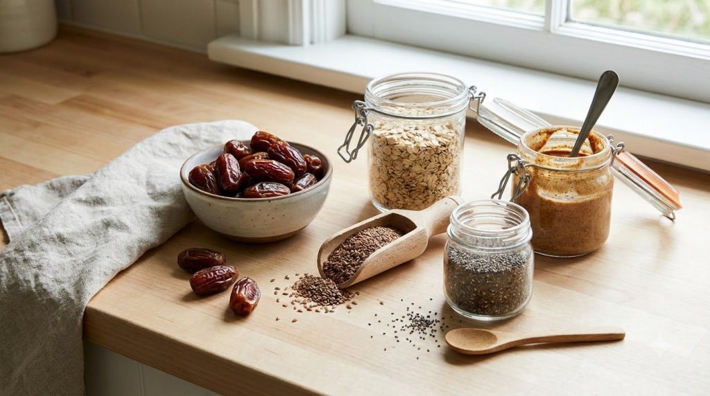 Various ingredients for hair growth bites laid out on a kitchen counter dates rolled oats ground flax seeds chia seeds a