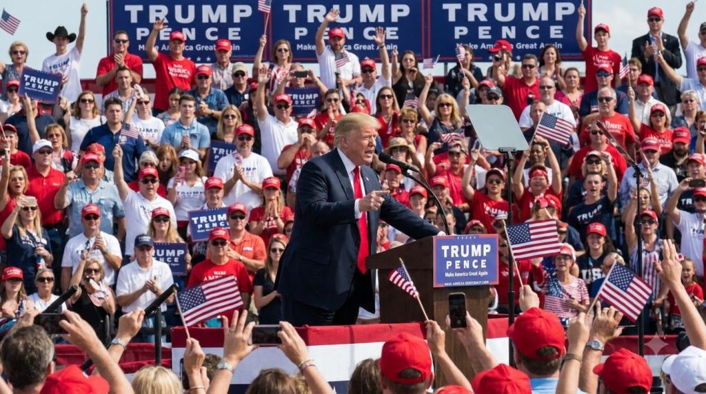 Donald Trump speaking at a political rally during his 2016 presidential campaign