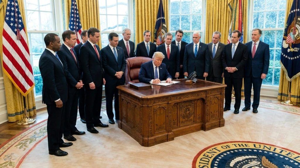 Donald Trump signing legislation in the Oval Office with advisors present