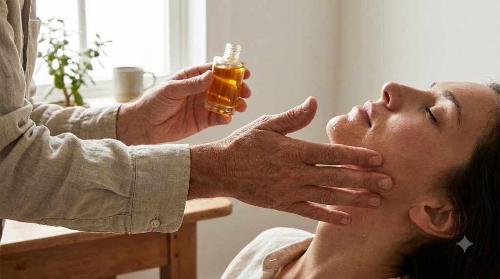 A person gently massaging a few drops of the amber oil blend onto their face or neck in a calm morning setting