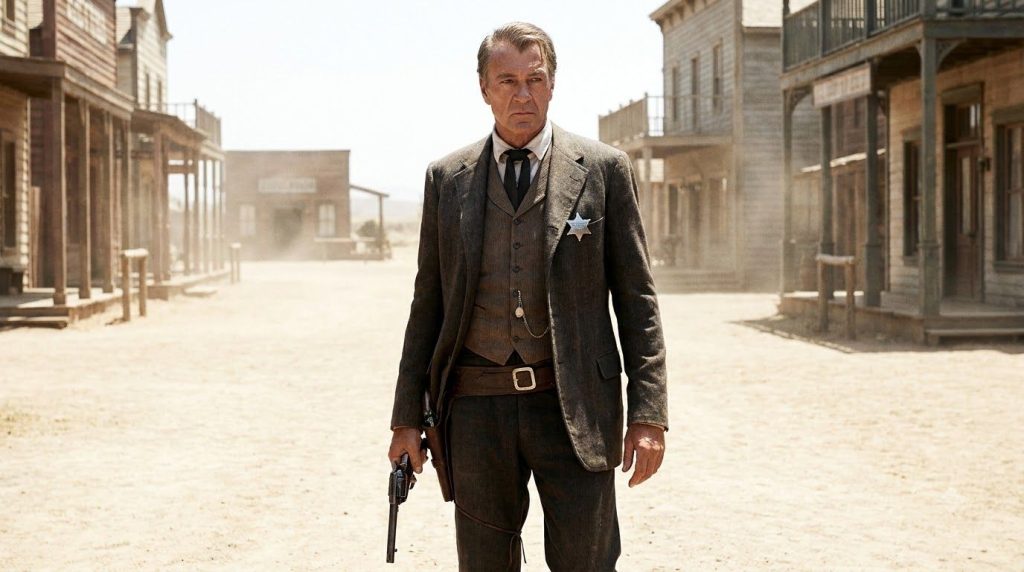 Gary Cooper as Marshal Will Kane in High Noon looking determinedly into the distance in a dusty Western town street