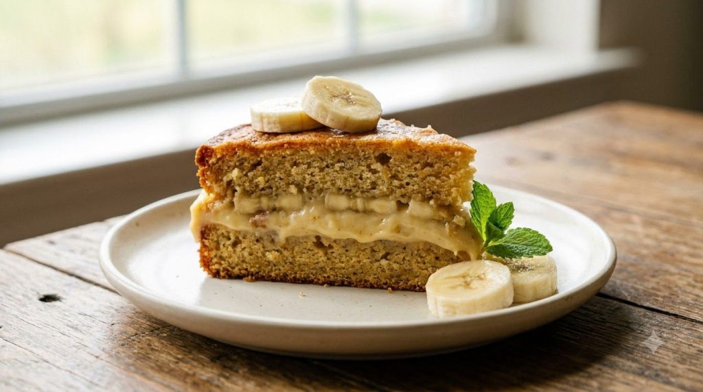 A perfectly baked golden-brown vegan banana pudding cake sliced to show its creamy interior on a clean light-colored pla