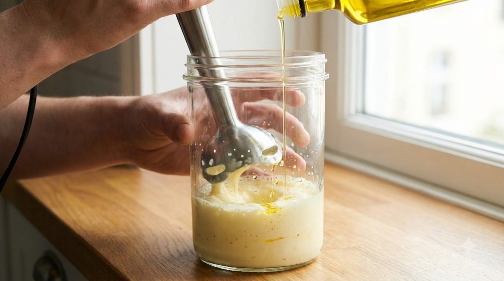 A close-up shot of an immersion blender creating homemade mayonnaise in a tall glass jar showing the emulsification proc