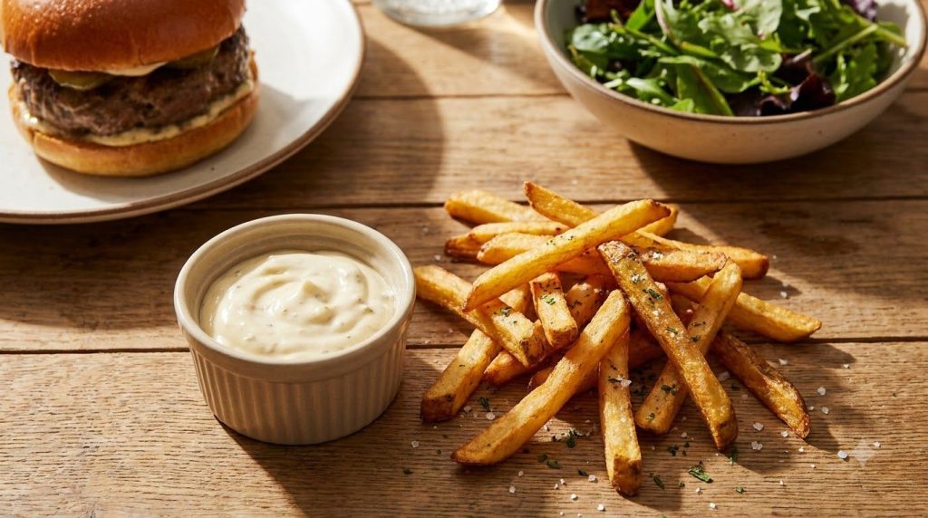 A serving suggestion for homemade garlic mayonnaise perhaps alongside a bowl of crispy fries or a gourmet burger