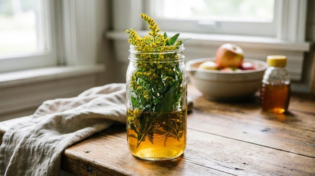 A clear glass jar filled with fresh goldenrod flowers and leaves partially covered with a golden honey and apple cider v