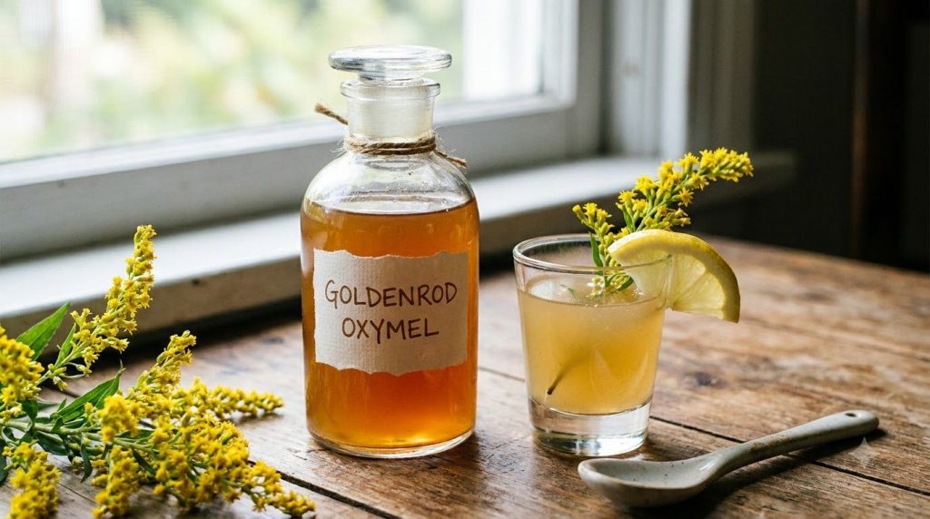 A small clear glass bottle of goldenrod oxymel with a label standing next to a shot glass of diluted oxymel and a sprig 