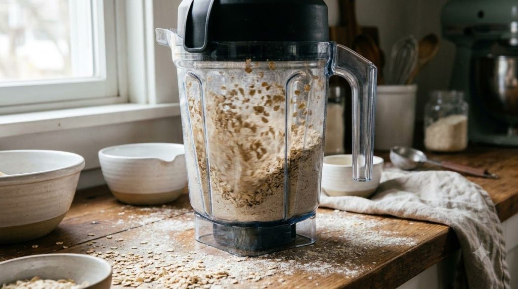 A blender with oats being processed into oat flour