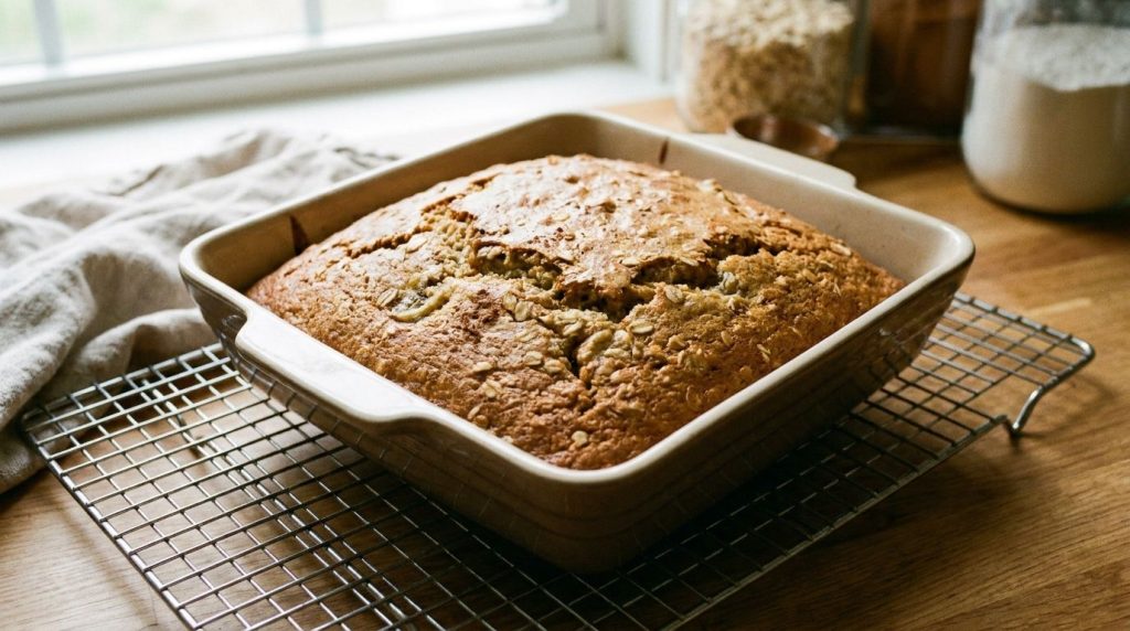 The cooled banana oat cake on a wire rack ready to be sliced and served
