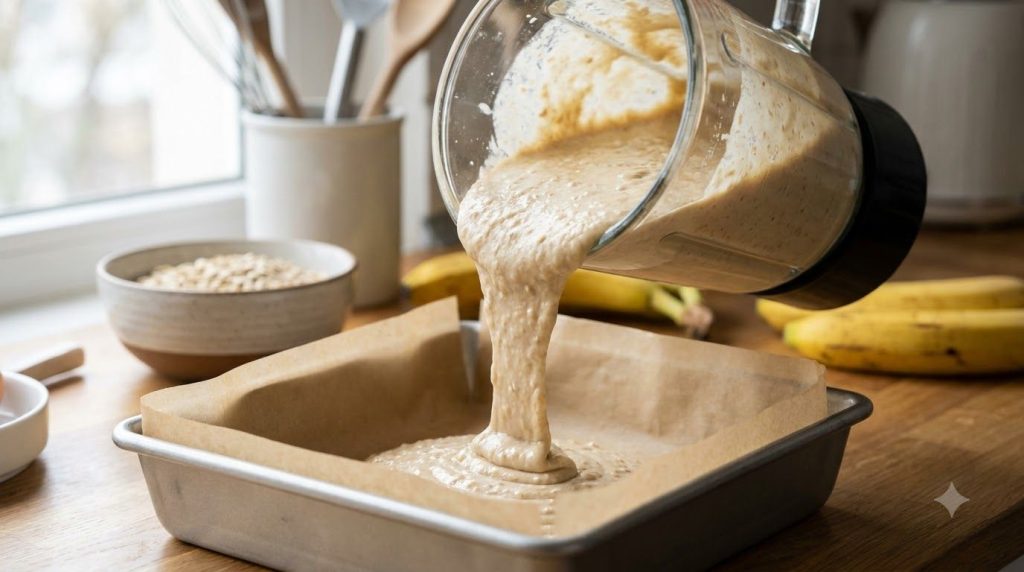 Blended banana oat cake batter being poured into a prepared baking pan