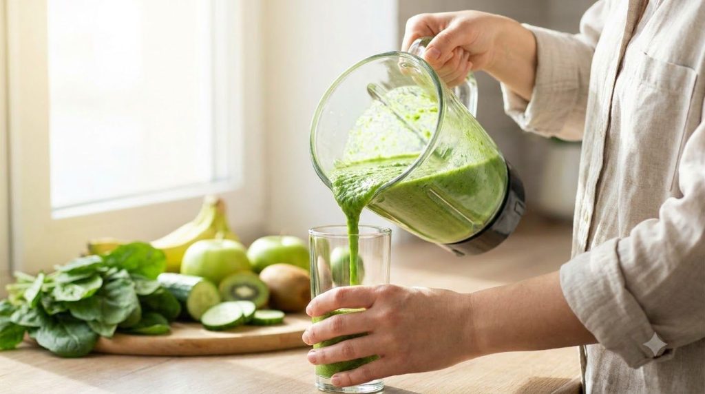 A person pouring a freshly blended green smoothie into a glass with fresh ingredients in the background