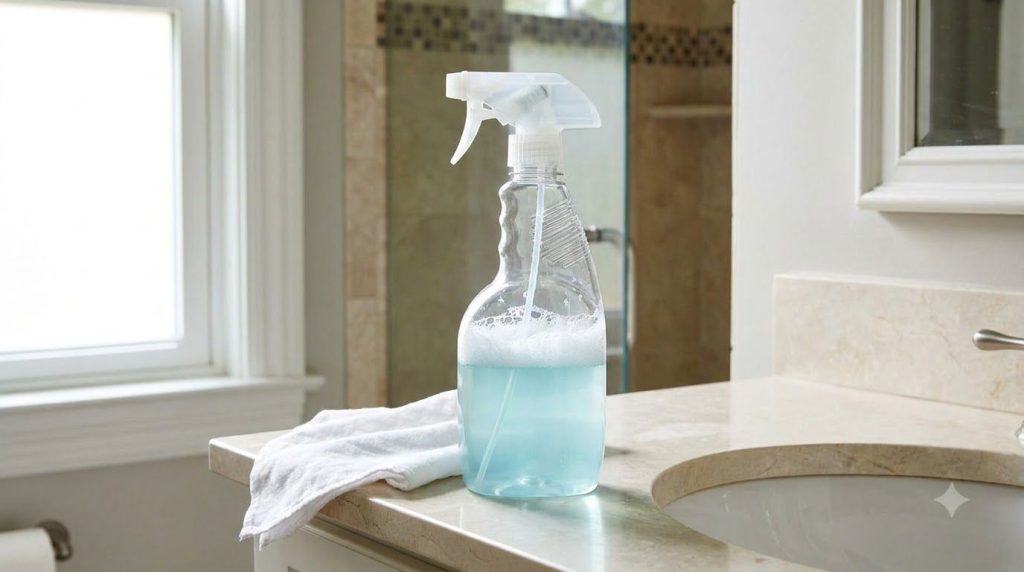 A clear spray bottle filled with a bubbly light blue dish soap and water mixture ready for cleaning