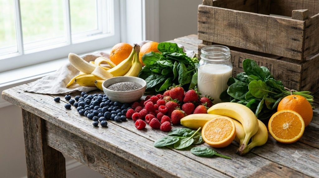 A variety of colorful fruits and vegetables commonly used in smoothies arranged artfully on a wooden table