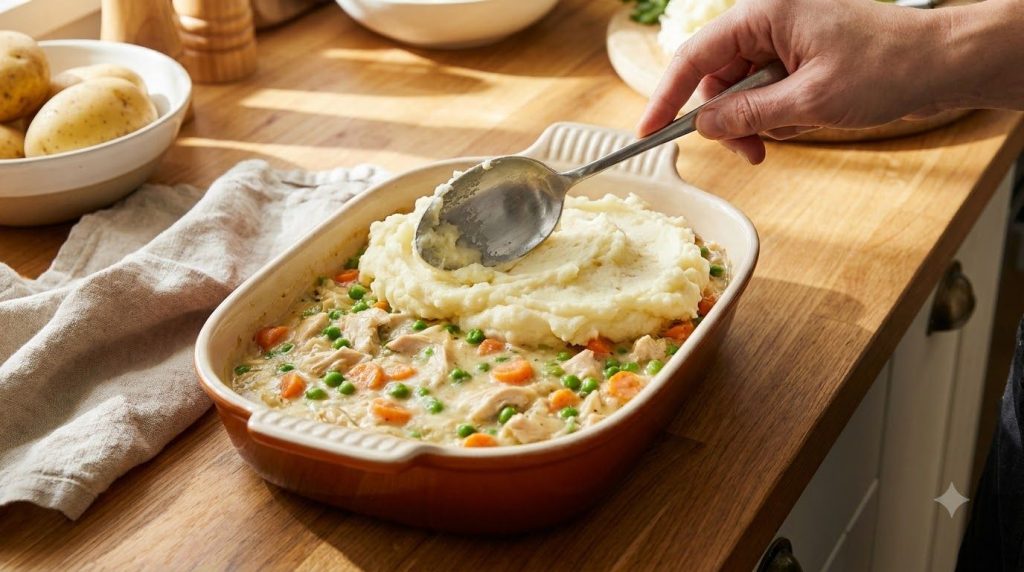 A casserole dish being assembled with the creamy chicken and vegetable mixture spread evenly on the bottom and mashed po