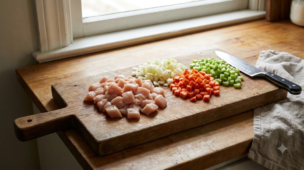 A cutting board with diced chicken breast chopped yellow onion diced carrots and diced celery ready for cooking The ingr