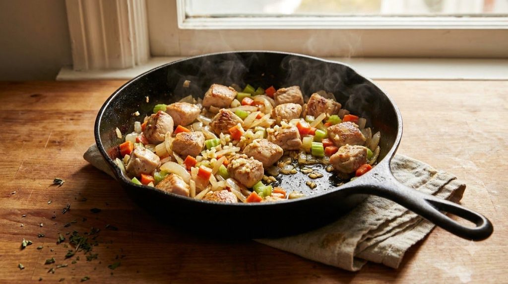 A skillet with browned chicken cubes sautéed onions carrots and celery and minced garlic filling the pan The ingredients