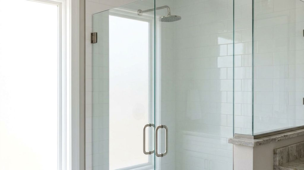 A clean sparkling shower glass door free of water spots after being cleaned with a DIY solution