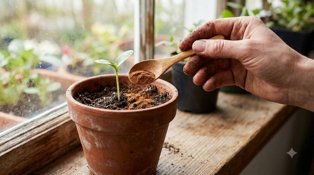 A hand sprinkling cinnamon powder around the base of a small plant or seedling in a garden pot