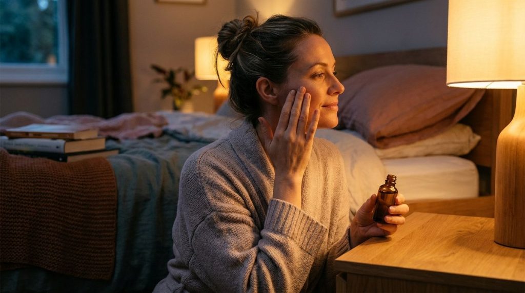 A woman gently massaging the homemade collagen oil onto her face at night showing a soft glowing complexion