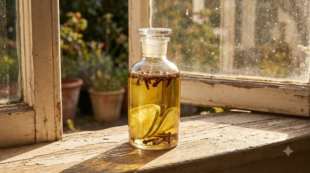 A small glass bottle filled with clear baby oil with whole cloves and lime slices infusing inside placed on a sunlit win