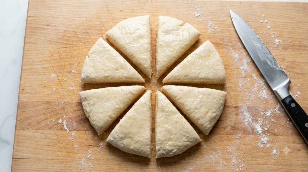 Process shot Biscuit dough cut into quarters on a cutting board ready for the next step