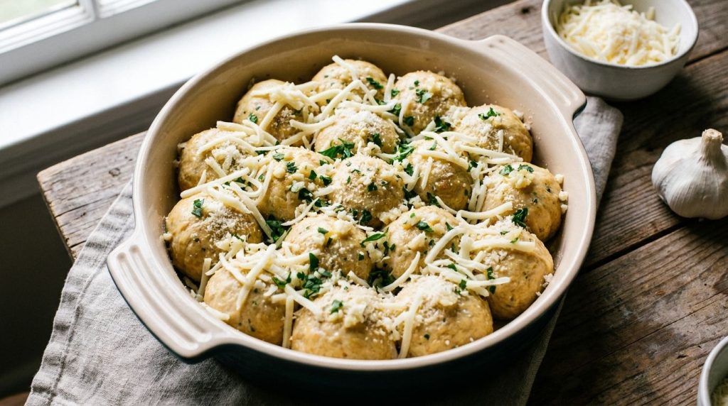 Process shot Unbaked cheesy garlic bites in a baking dish topped with shredded mozzarella and Parmesan cheese ready for 