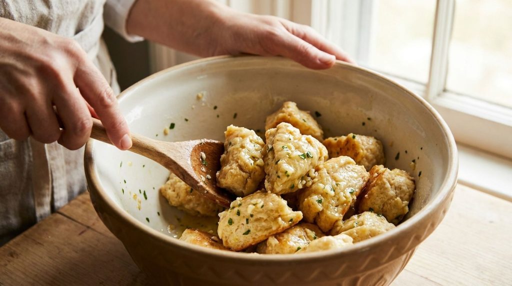 Process shot Biscuit dough pieces coated in garlic butter tossed in a bowl
