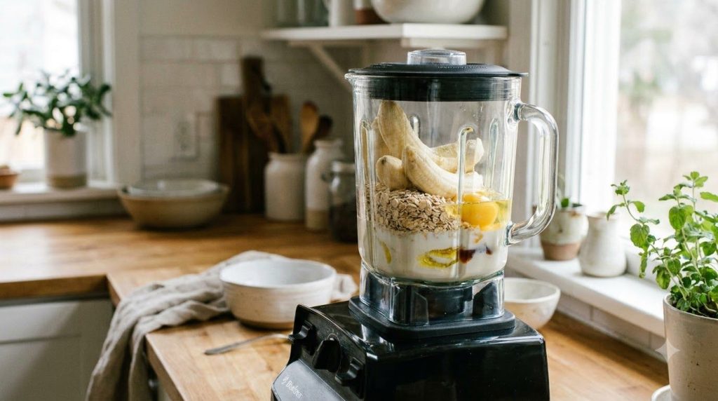 All the wet ingredients and oats in a blender ready to be blended