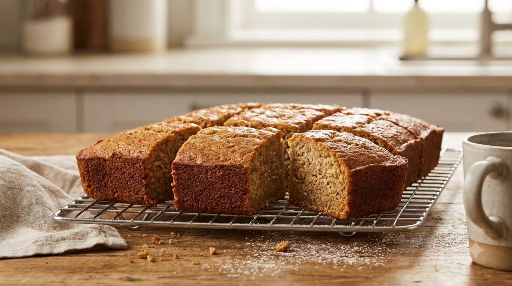 A whole blender banana oat cake freshly baked and sliced ready to be served