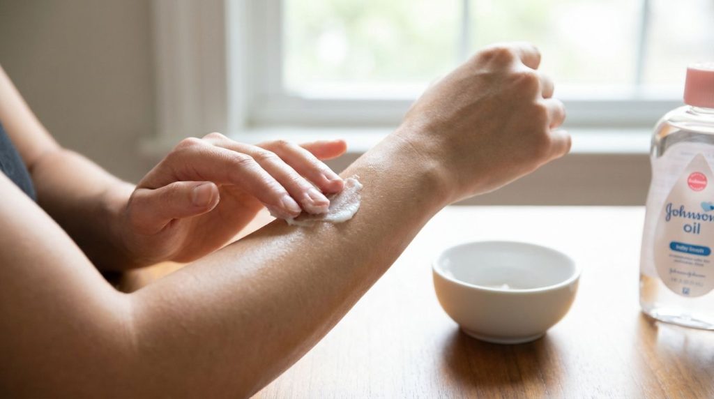 A person s hand gently applying the aspirin and baby oil paste to their forearm showing the texture and application meth