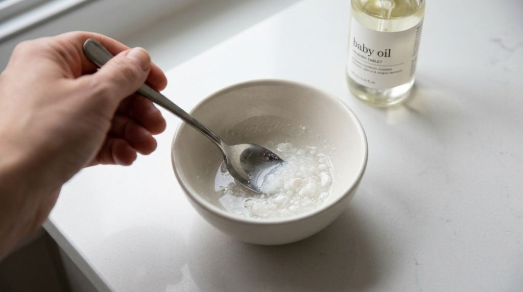 A small bowl with crushed aspirin powder being mixed with baby oil to form a paste with a spoon