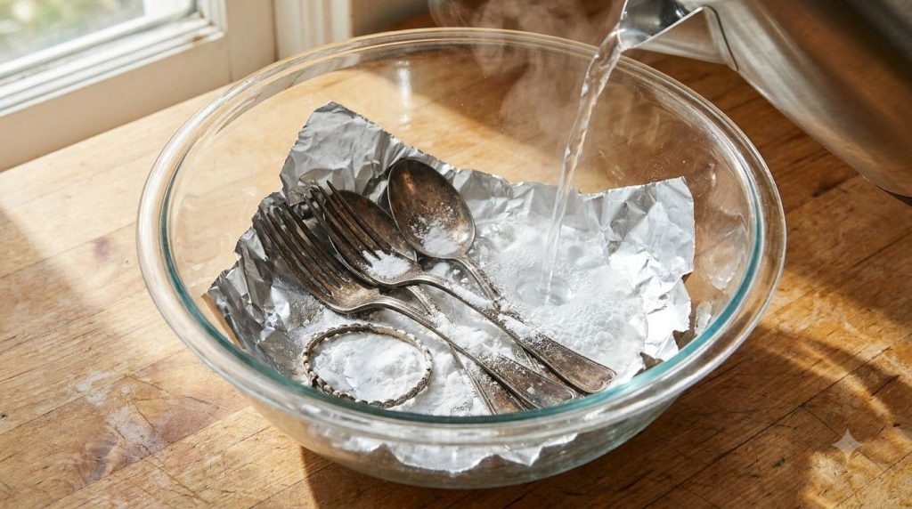 Close-up of a glass bowl with aluminum foil silver items baking soda and hot water showing bubbles as the chemical react
