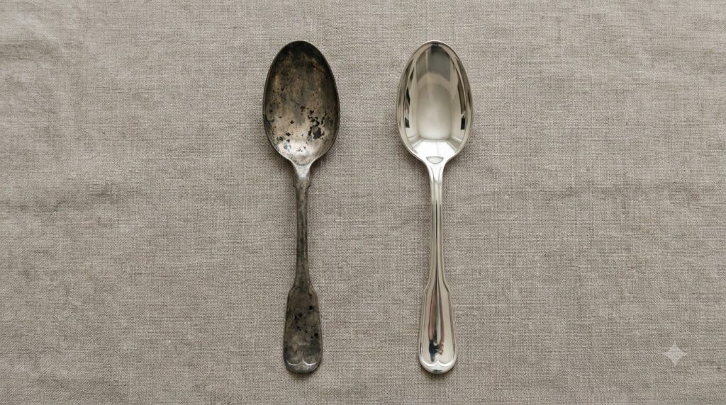 A side-by-side comparison of a tarnished silver spoon and a spoon that has been cleaned using the baking soda and alumin