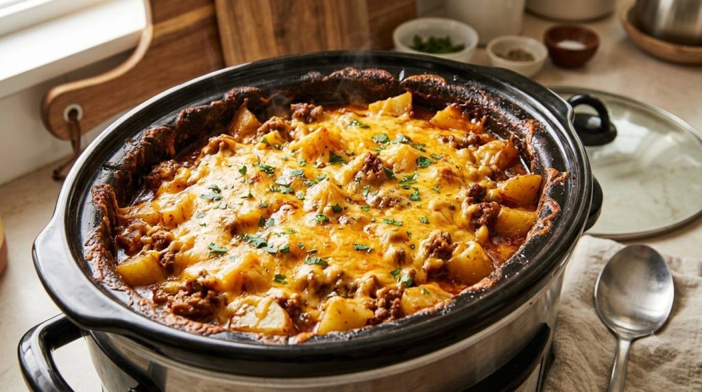 A slow cooker filled with the cheesy beef and potato casserole just after the cheese has melted and is bubbling on top