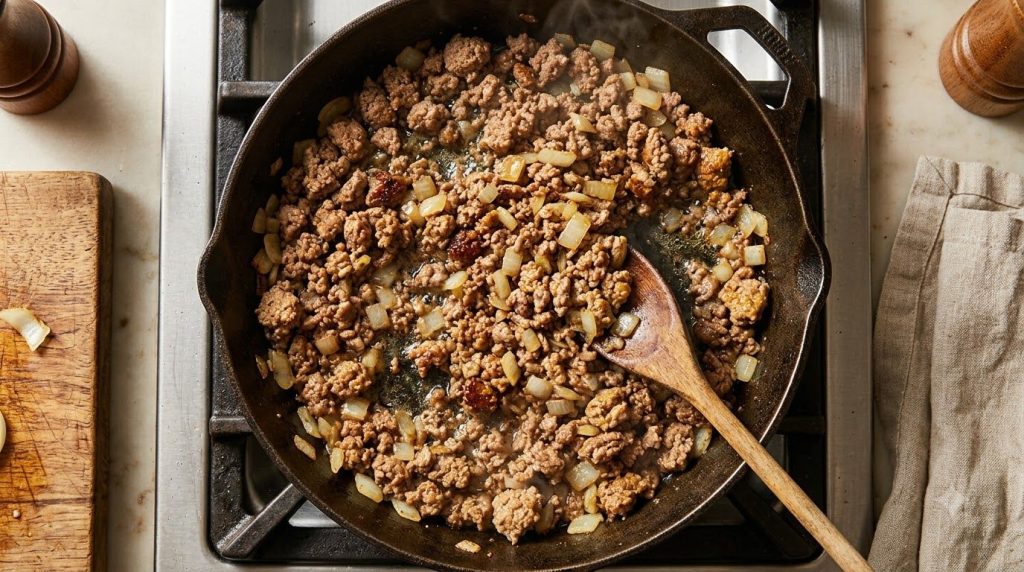 A skillet with browned ground beef and diced onions ready to be drained and combined with other ingredients