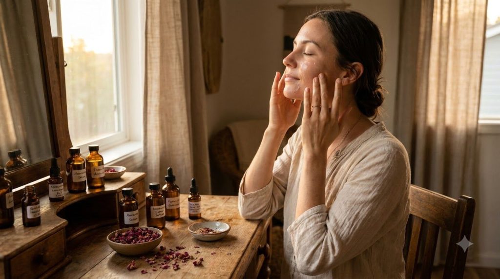 A woman gently massaging a homemade serum into her face during her evening skincare routine surrounded by natural ingred