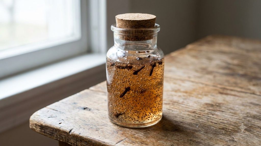 A close-up of a glass jar filled with the homemade serum showing the gel-like consistency with chia seeds suspended and 